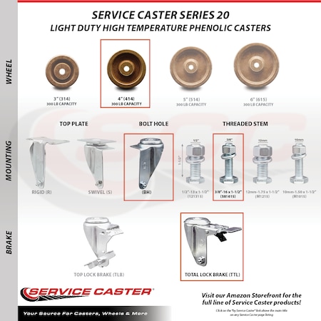Service Caster 4 Inch SS High Temp Phenolic 3/8 Inch Stem Caster Total Lock Brake SCC, 2PK SCC-SSTSTTL20S414-PHSHT-381615-2-S2